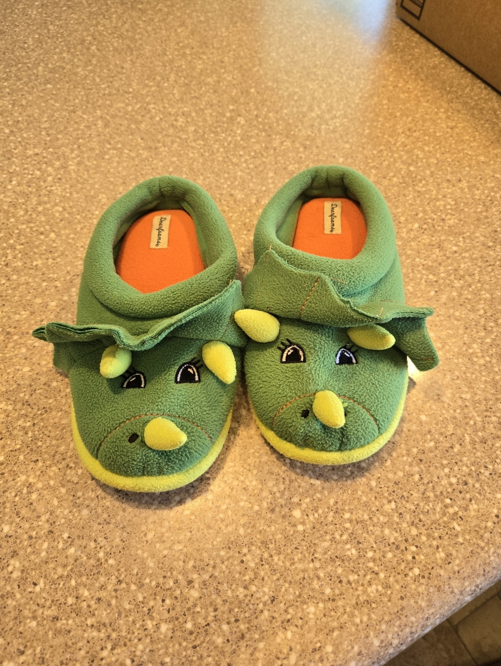 dearfoams Green and Orange Kids Dinosaur Slippers
